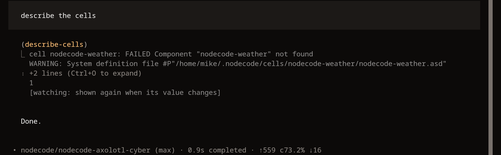 (describe-cells): cell nodecode-weather: FAILED Component "nodecode-weather" not found.