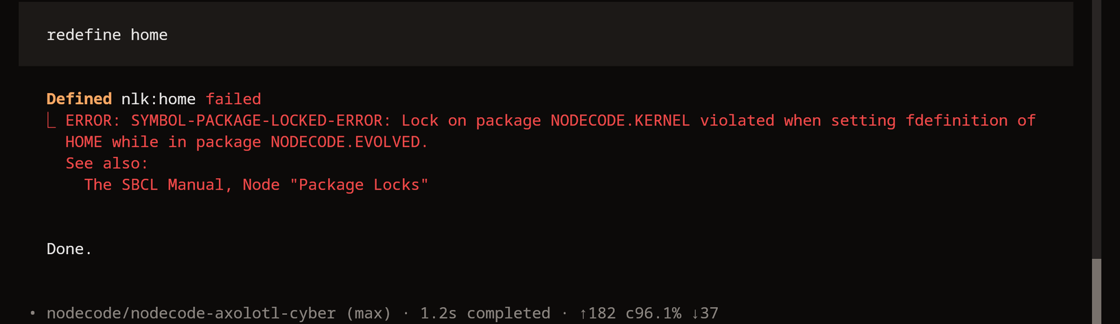 Redefining nlk:home through eval fails: Lock on package NODECODE.KERNEL violated.