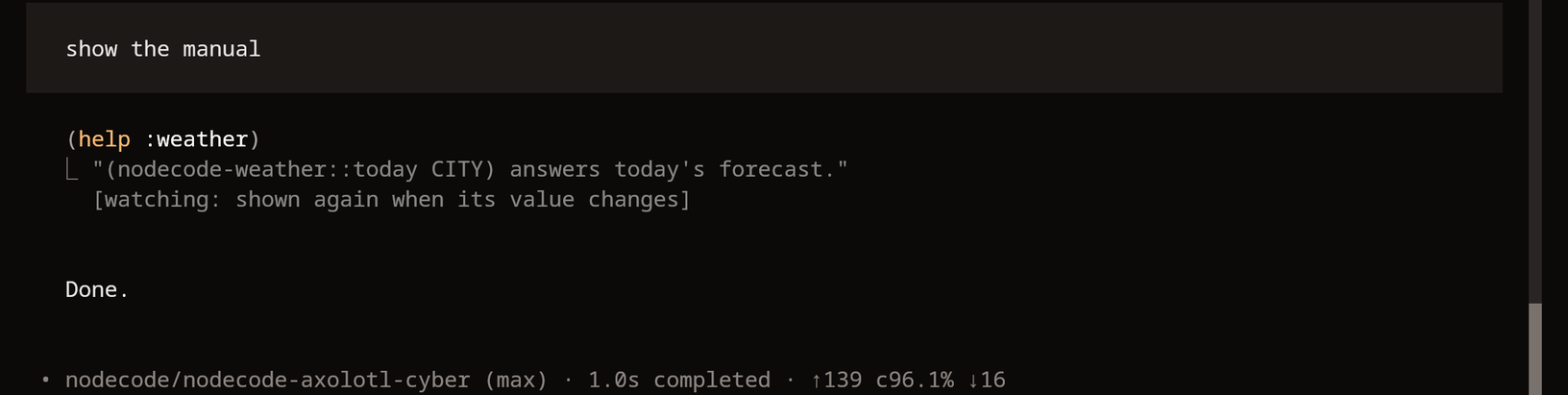(help :weather) through eval answers the manual's TEXT.
