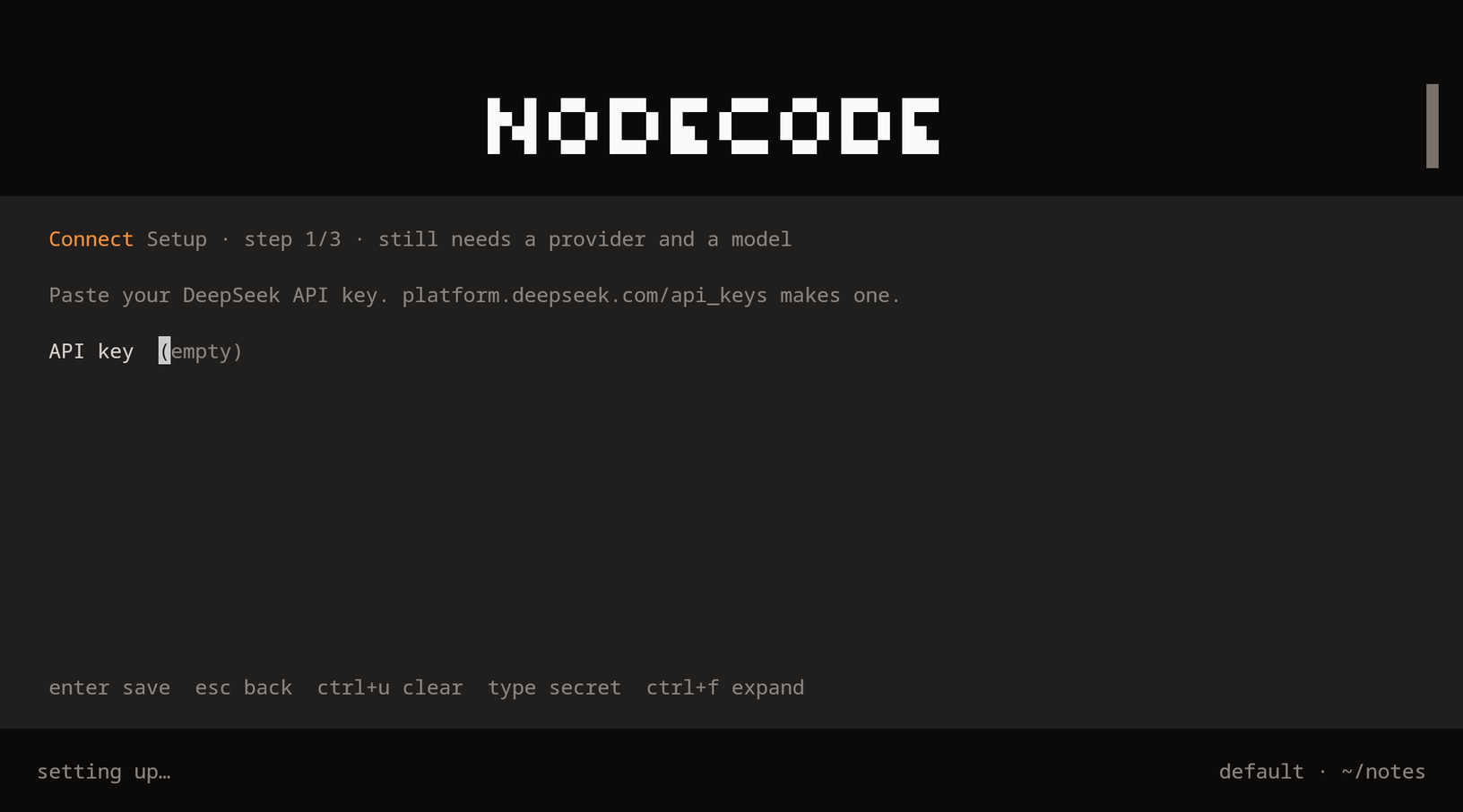 The key step: Paste your DeepSeek API key. platform.deepseek.com/api_keys makes one. API key (empty).